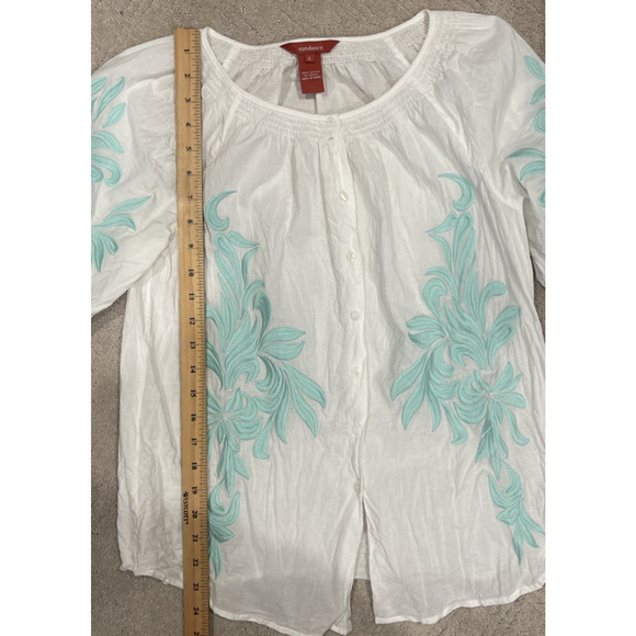 Sundance Sz S Embroidered Blouse Long Sleeve White Peasant Button Travel Aqua - Picture 4 of 9